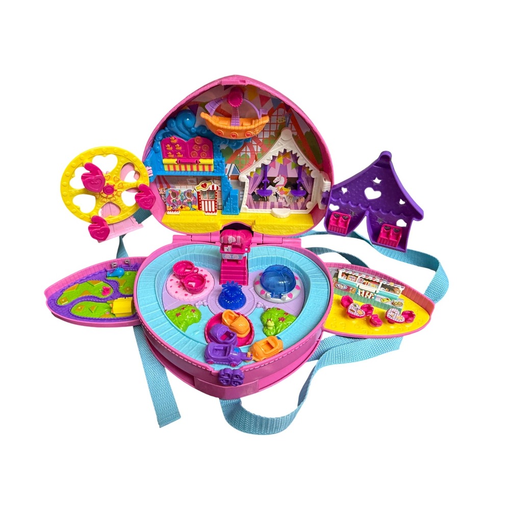 Polly Pocket Tiny is Mighty Theme Park Backpack Playset Pink Heart Carousel Toy